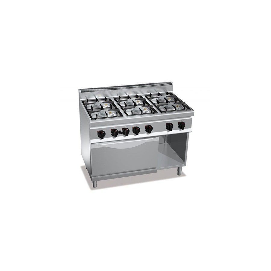 Cuisinière gaz 6 brûleurs puissants (33.5kW) sur four électrique (3.5kW) et compartiment neutre